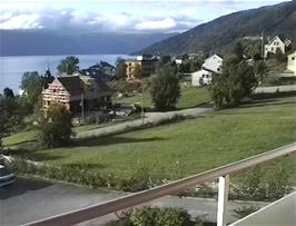 The view to Balaestrand and Sognefjord from our room balcony at Balestrand youth hostel